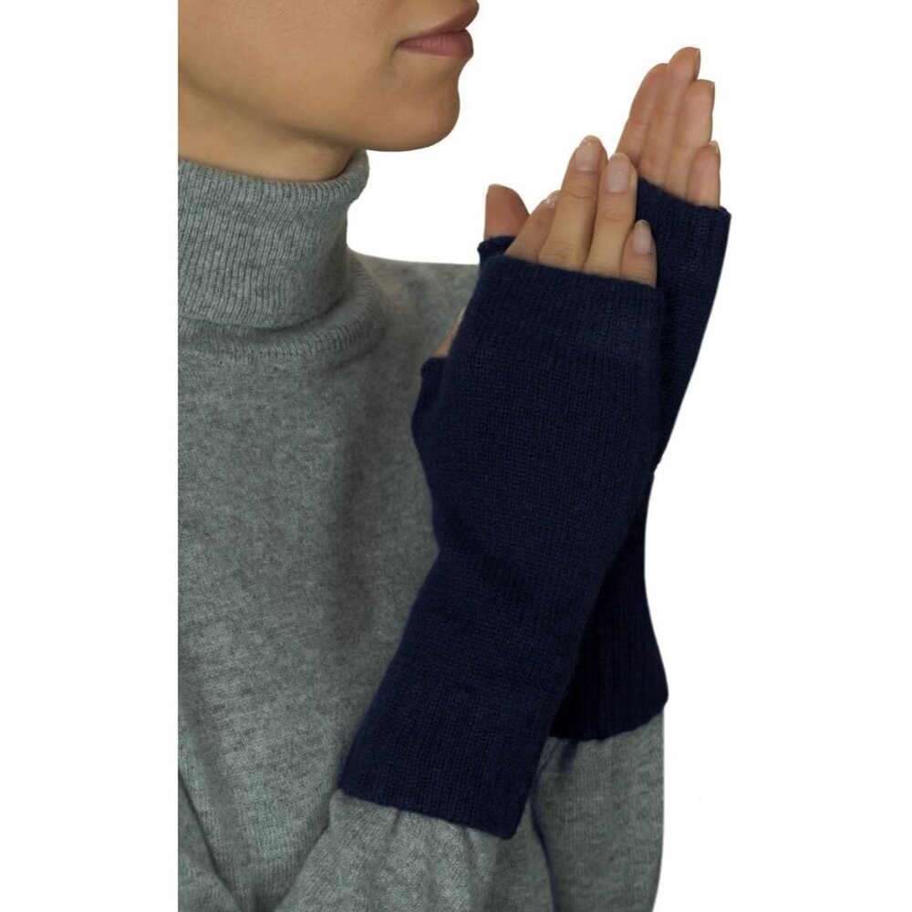Women's Navy Blue Half Finger Fingerless Knitted Winter Warmers Mittens Gloves